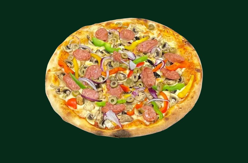 Salsiccia pizza med italiensk korv, r&ouml;dl&ouml;k, champinjoner och chili