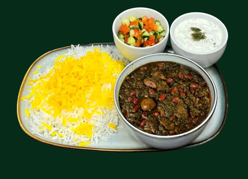 Ghormeh Sabzi med lamm, &ouml;rter, kidneyb&ouml;nor och saffransris