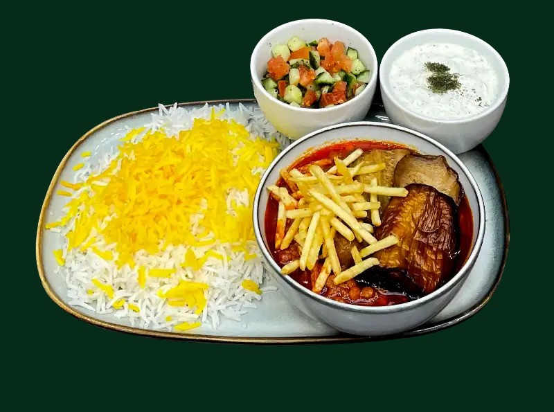 Gheimeh Bademjan med lamm, aubergine och saffransris