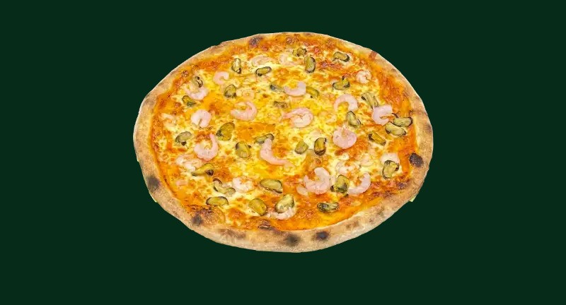 Marinara pizza med r&auml;kor, musslor, vitl&ouml;k och ruccola