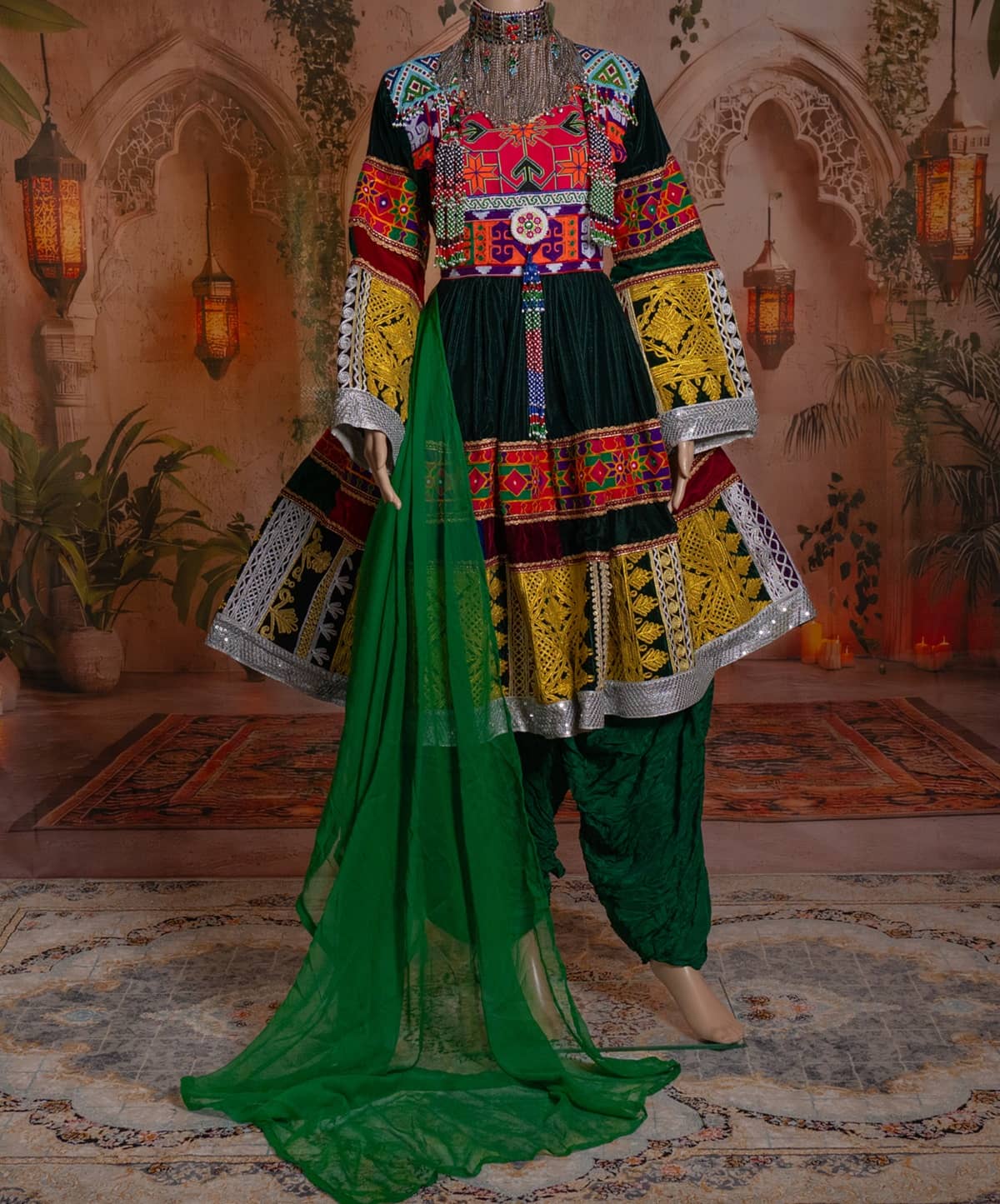 Deep Green Afghan Dress with Embellished Details